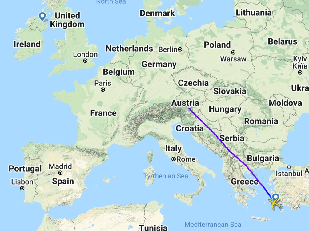 Homeward bound: the track of Tui flight 1649 from Kos to Belfast International
