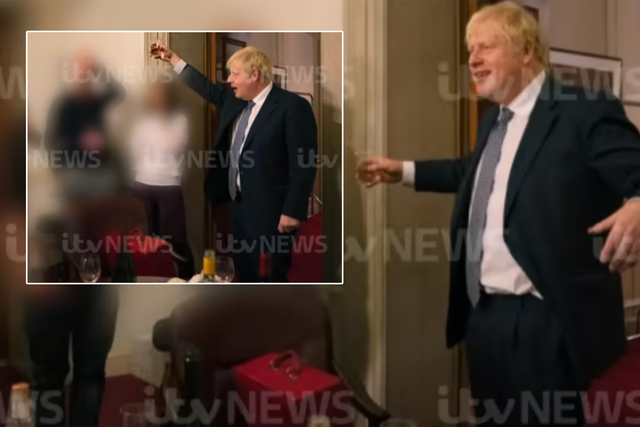 <p>The photographs appear to show the prime minister raising a toast in a room with other people </p>