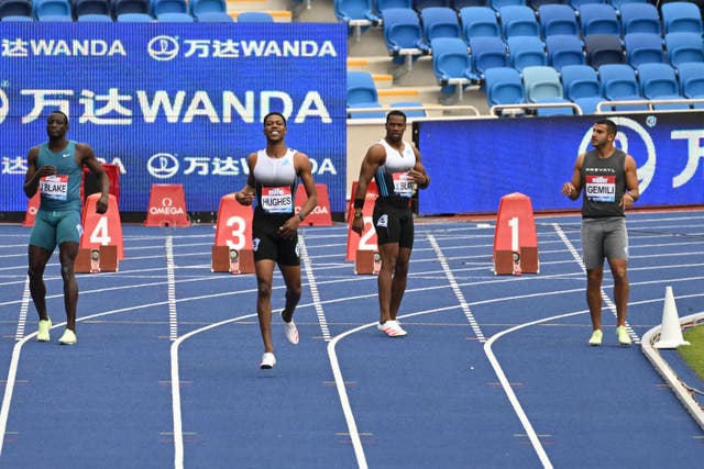 <p>Zharnel Hughes is disqualified after a false start in the men’s 100m</p>