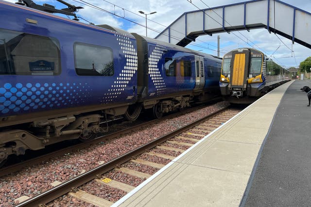 <p>Departing soon? ScotRail trains at Saltcoats station in Ayrshire</p>