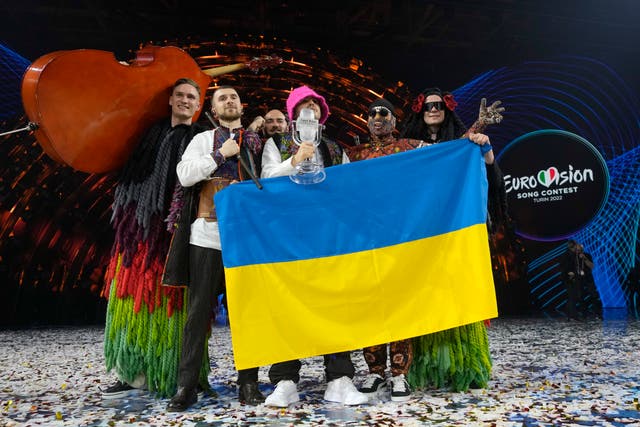 <p>The Kalush Orchestra from Ukraine celebrate after winning the Eurovision Song Contest in Turin</p>