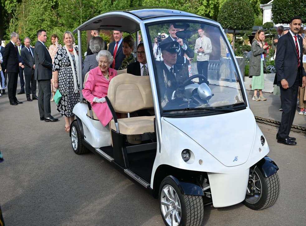 The Queen sitting in a buggy during a visit by members of the royal family to the RHS Chelsea Flower Show (Paul Grover/Daily Telegraph/PA)