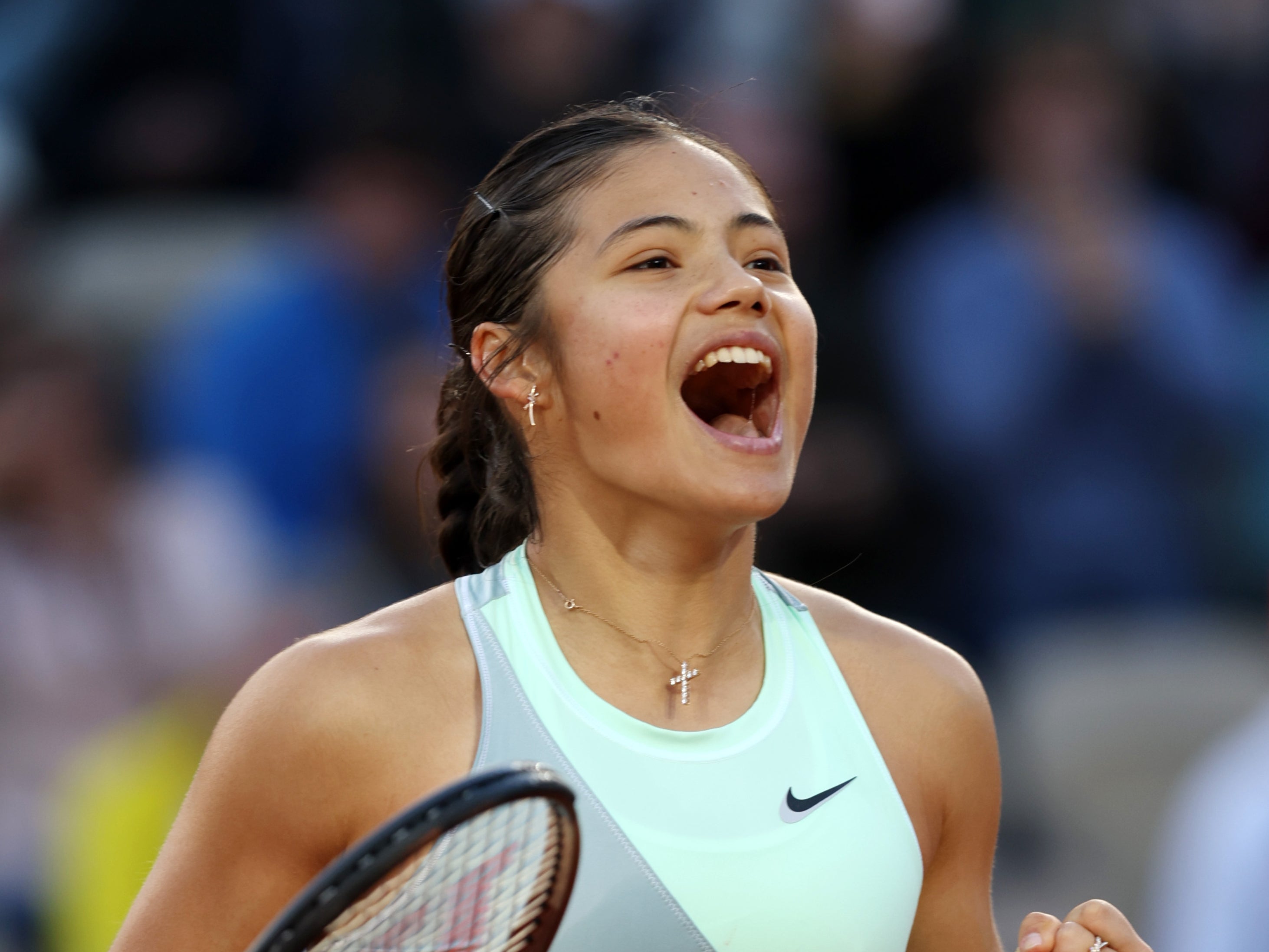 Emma Raducanu celebrates her victory at Roland Garros