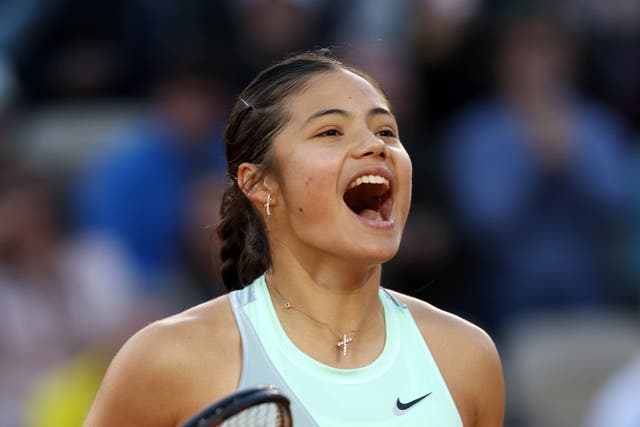 <p>Emma Raducanu celebrates her victory at Roland Garros</p>