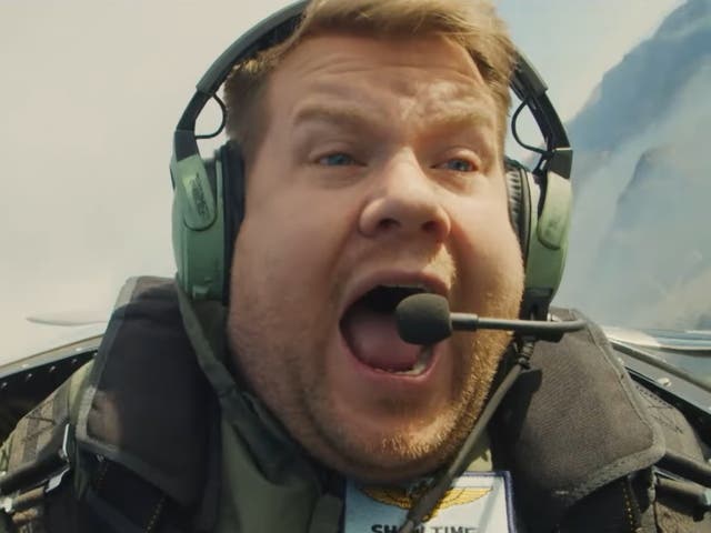 <p>James Corden in a fighter jet with Tom Cruise</p>