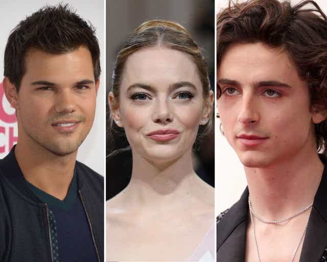 <p>Left to right: Taylor Lautner, Emma Stone and Timotheé Chalamet</p>