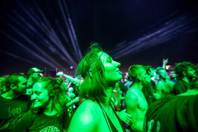 <p>Woman dancing in the crowd at music festival</p>