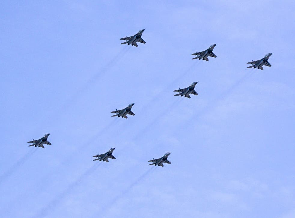 <p>File: Russian MiG-29SMT jet fighters forming the symbol ‘Z’ in central Moscow </p>