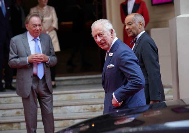 The Prince of Wales was greeted by Lord Andrew Lloyd Webber as he arrived at the Theatre Royal Drury Lane for the Prince’s Trust Awards.(Yui Mok/PA)