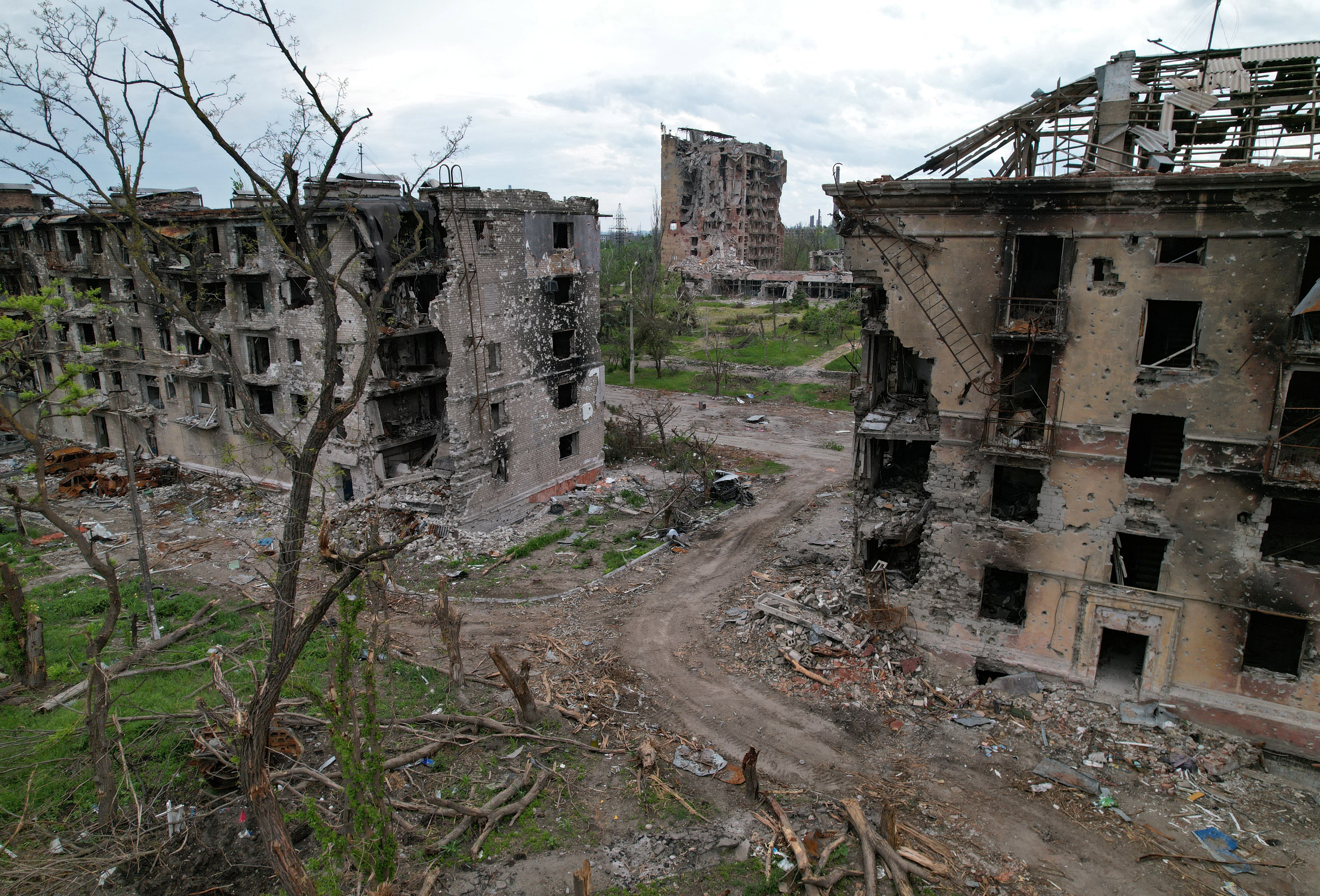 Heavily damaged buildings are shown in Mariupol, Ukraine, on 22 May, 2022