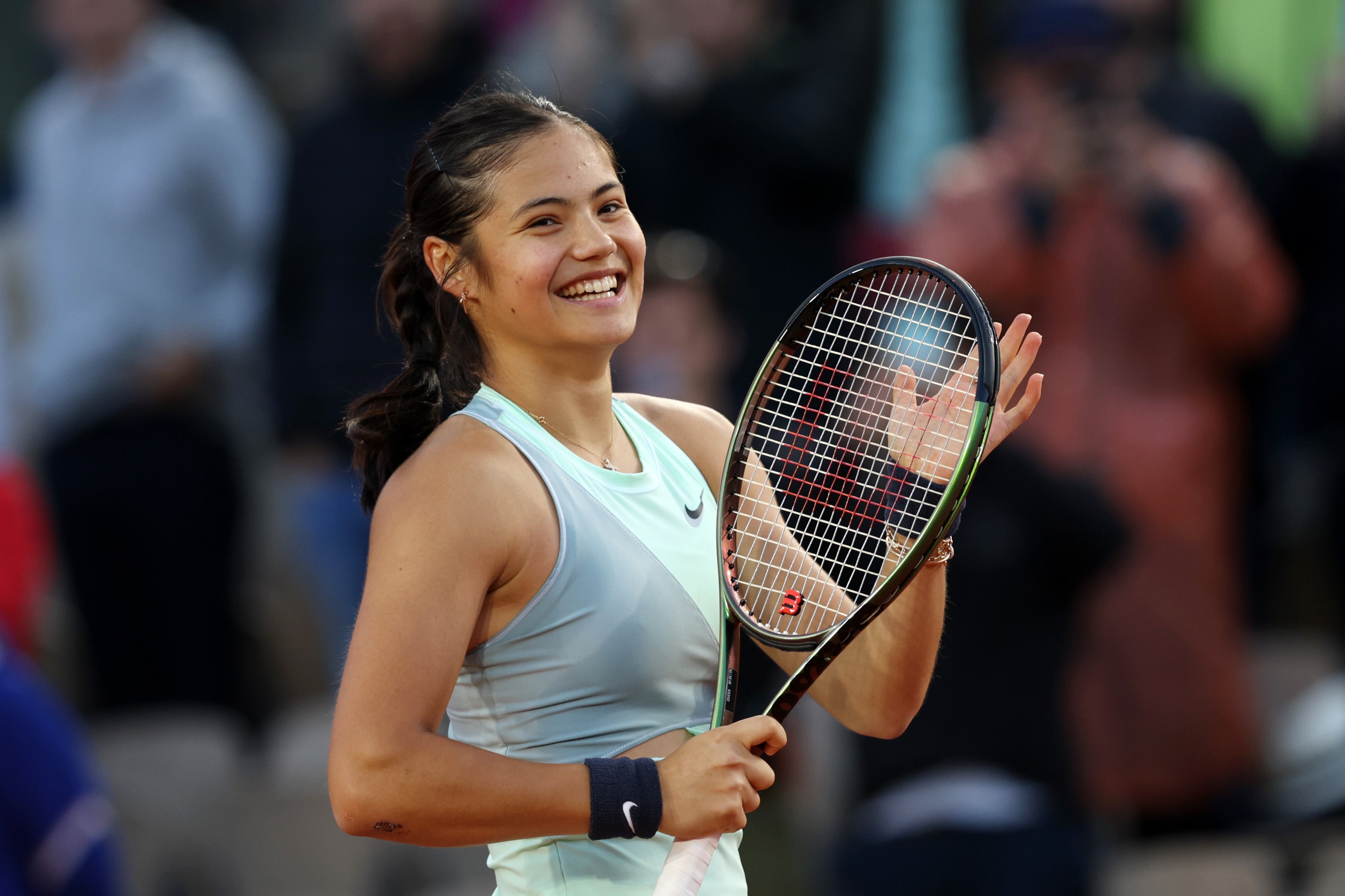 Emma Raducanu of Great Britain celebrates victory against Linda Noskova of Czech Republic