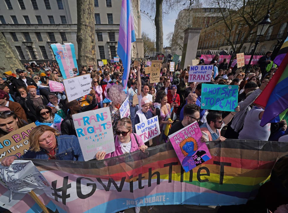 People take part in a demonstration outside Downing Street in London, to protest against the exclusion of transgender people from a ban on conversion therapy (Yui Mok/PA)