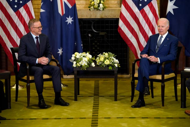 <p>US president Joe Biden (right) meets with Australian prime minister Anthony Albanese during the Quad leaders summit meeting at Kantei Palace on Tuesday in Tokyo</p>