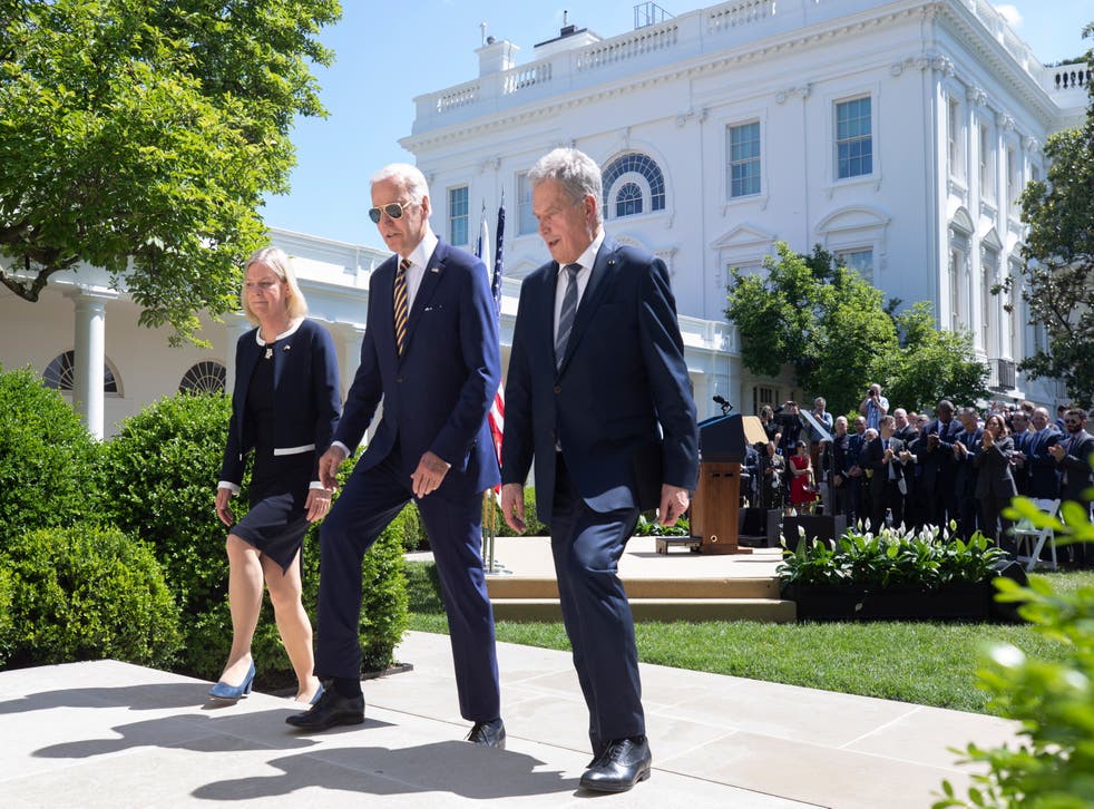<p>President Joe Biden (centre), Prime Minister of Sweden Magdalena Andersson (left), and President of Finland Sauli Niinisto (right)</p>