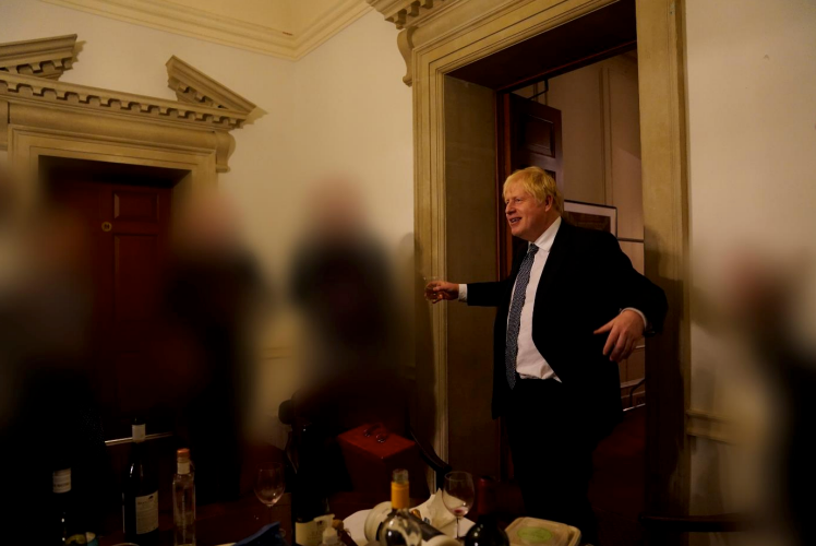 Boris Johnson at a gathering in No 10 marking the departure of special adviser Lee Cain