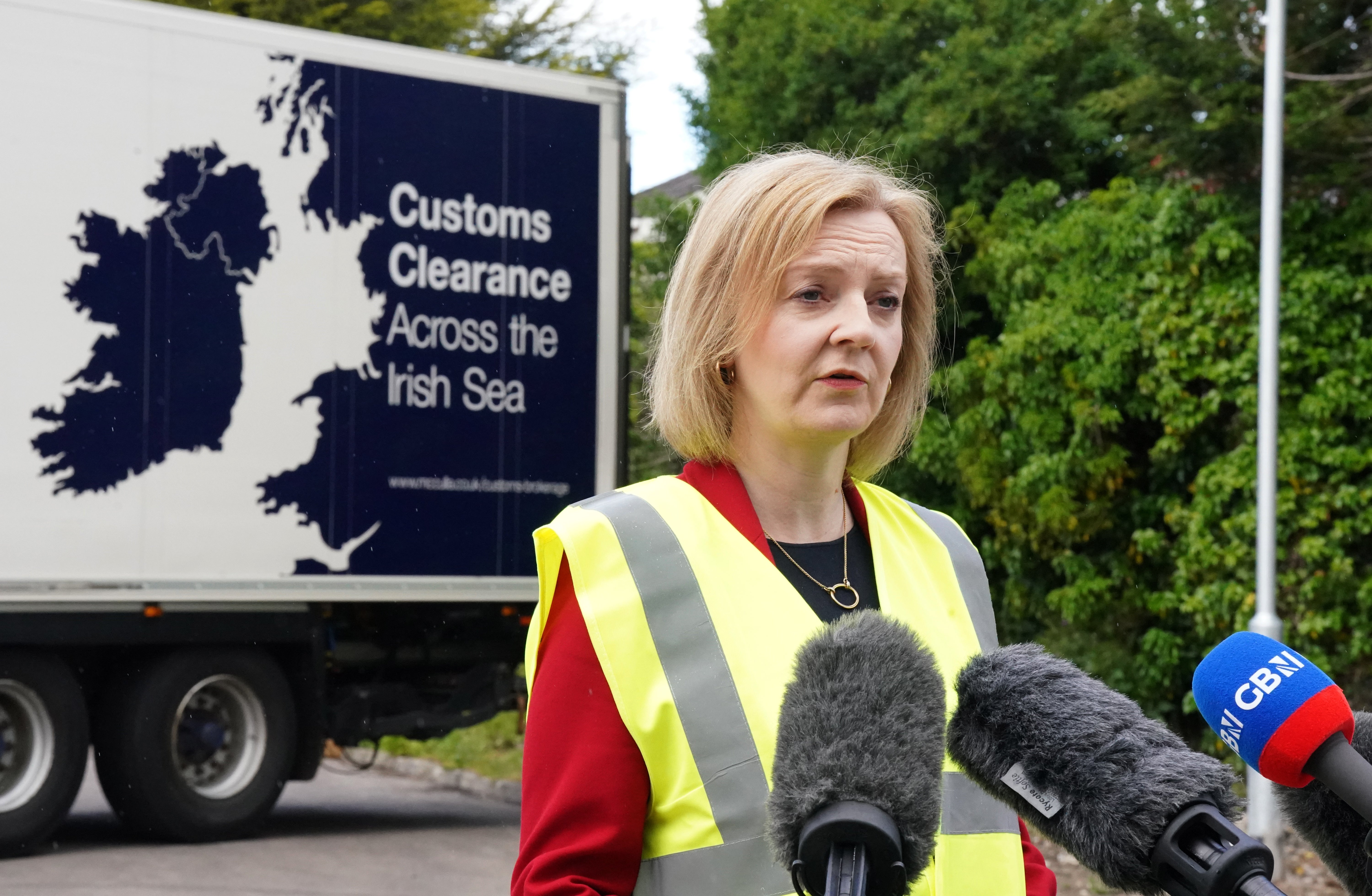 Foreign Secretary Liz Truss during a visit to McCulla Haulage, in Lisburn, Northern Ireland, to discuss the NI Protocol with businesses (Niall Carson/PA)