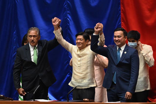 <p>Philippines’ president-elect Ferdinand Marcos Jr (centre) at the House of Representatives in Quezon City on 25 May </p>