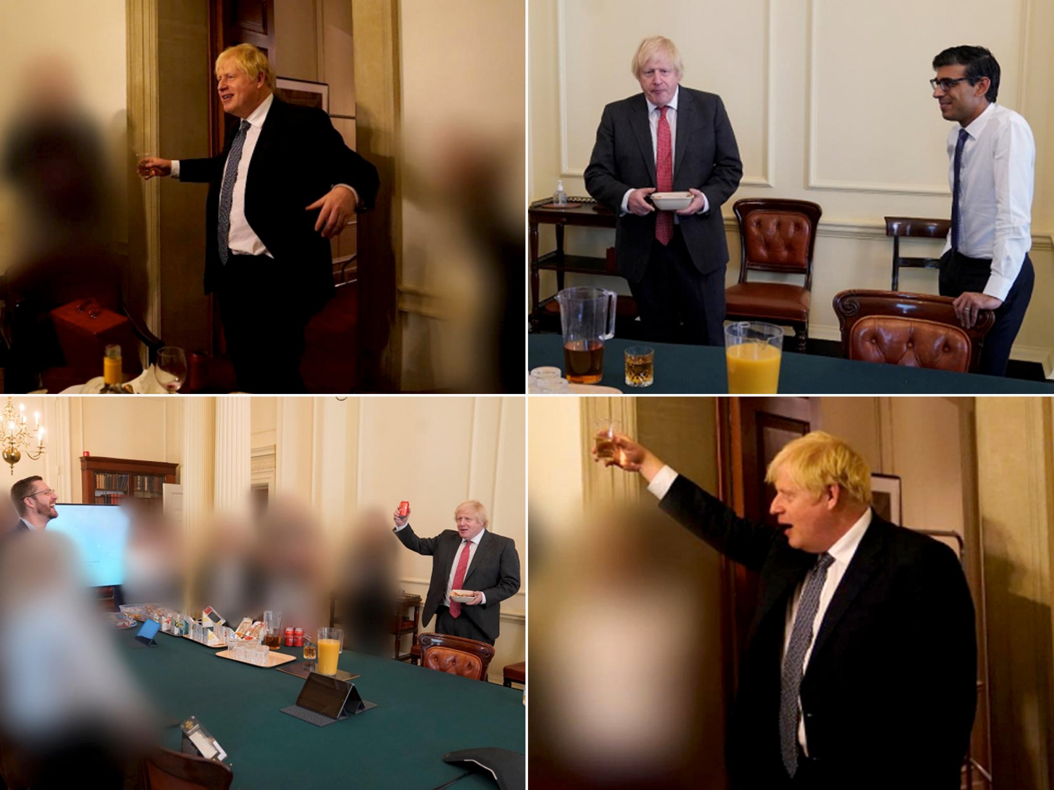Boris Johnson at two different gatherings in No 10 which have been released with the publication of Sue’s Gray report into Downing Street parties during the coronavirus lockdown