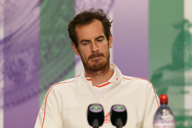 <p>Andy Murray speaks at Wimbledon after his third-round defeat in 2021</p>