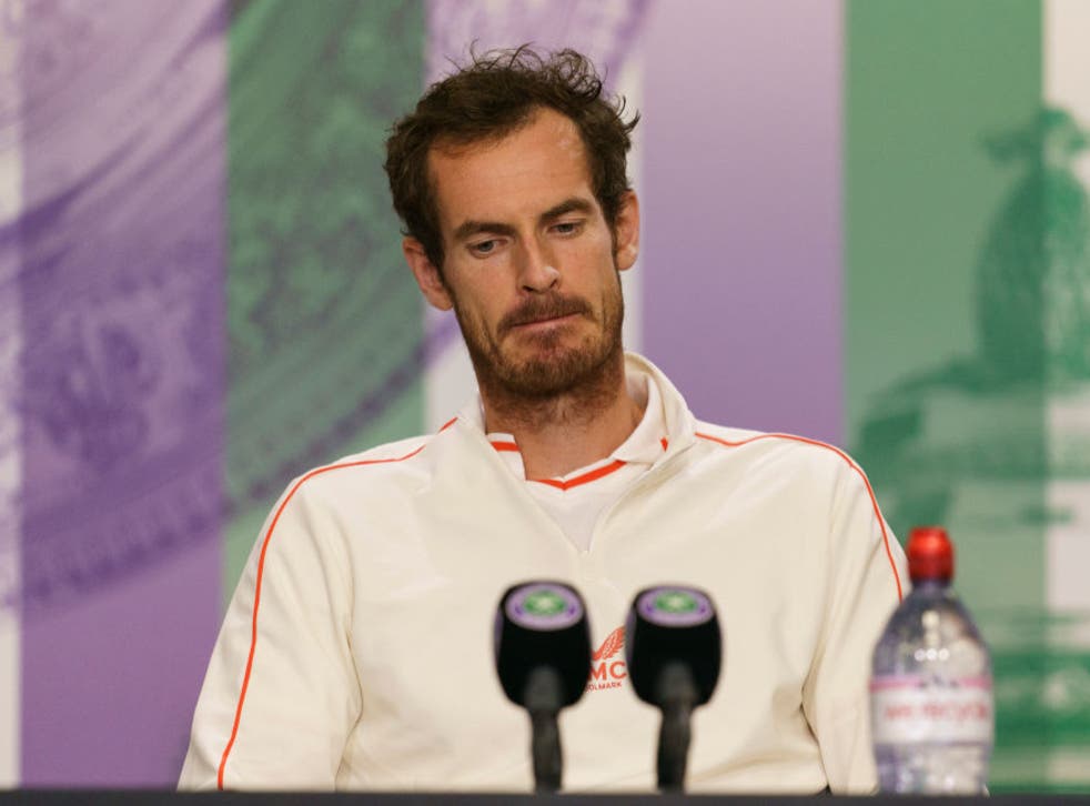 <p>Andy Murray speaks at Wimbledon after his third-round defeat in 2021</p>