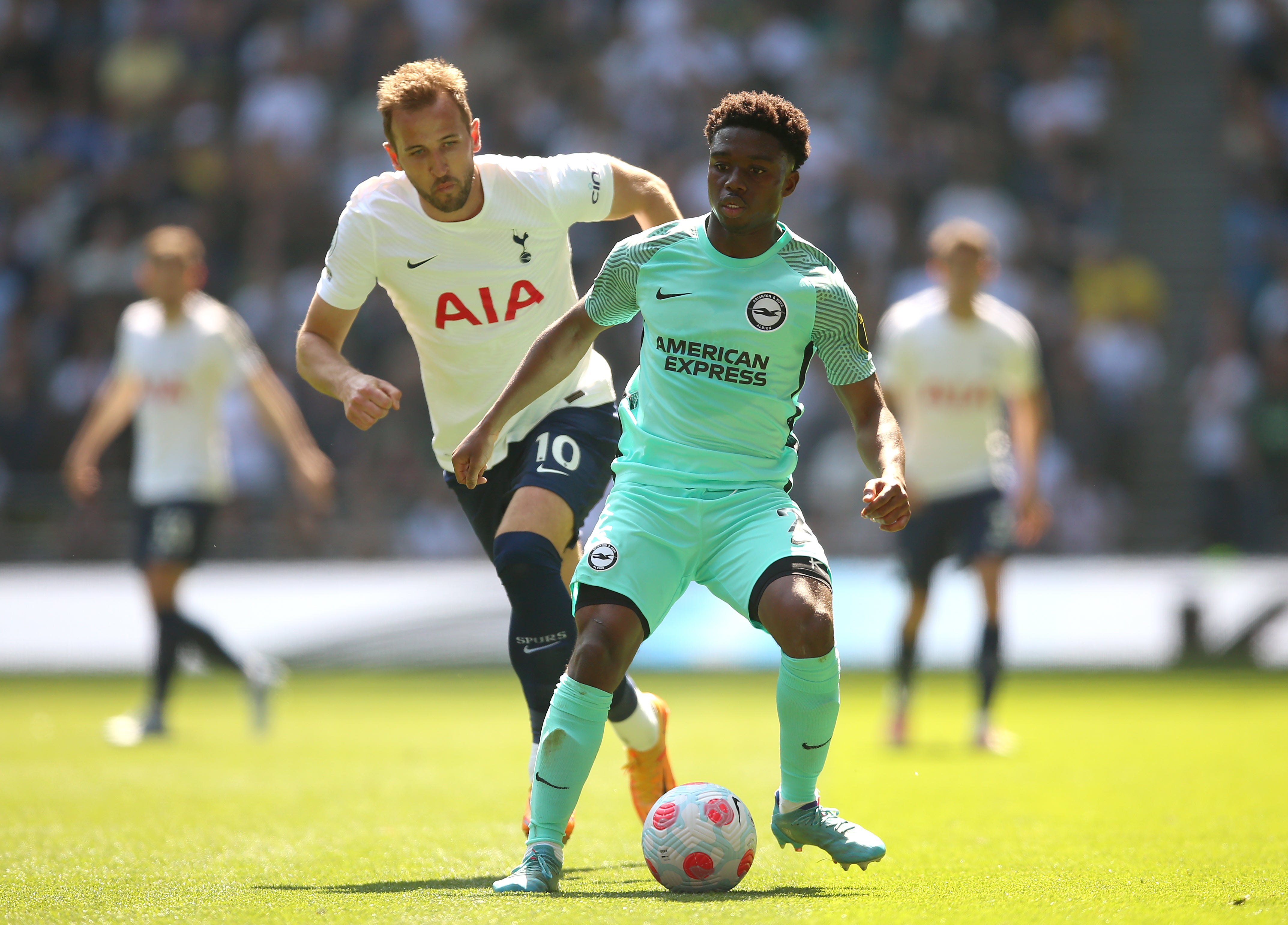 Tariq Lamptey in action against Tottenham’s Harry Kane (Nigel French/PA Images).