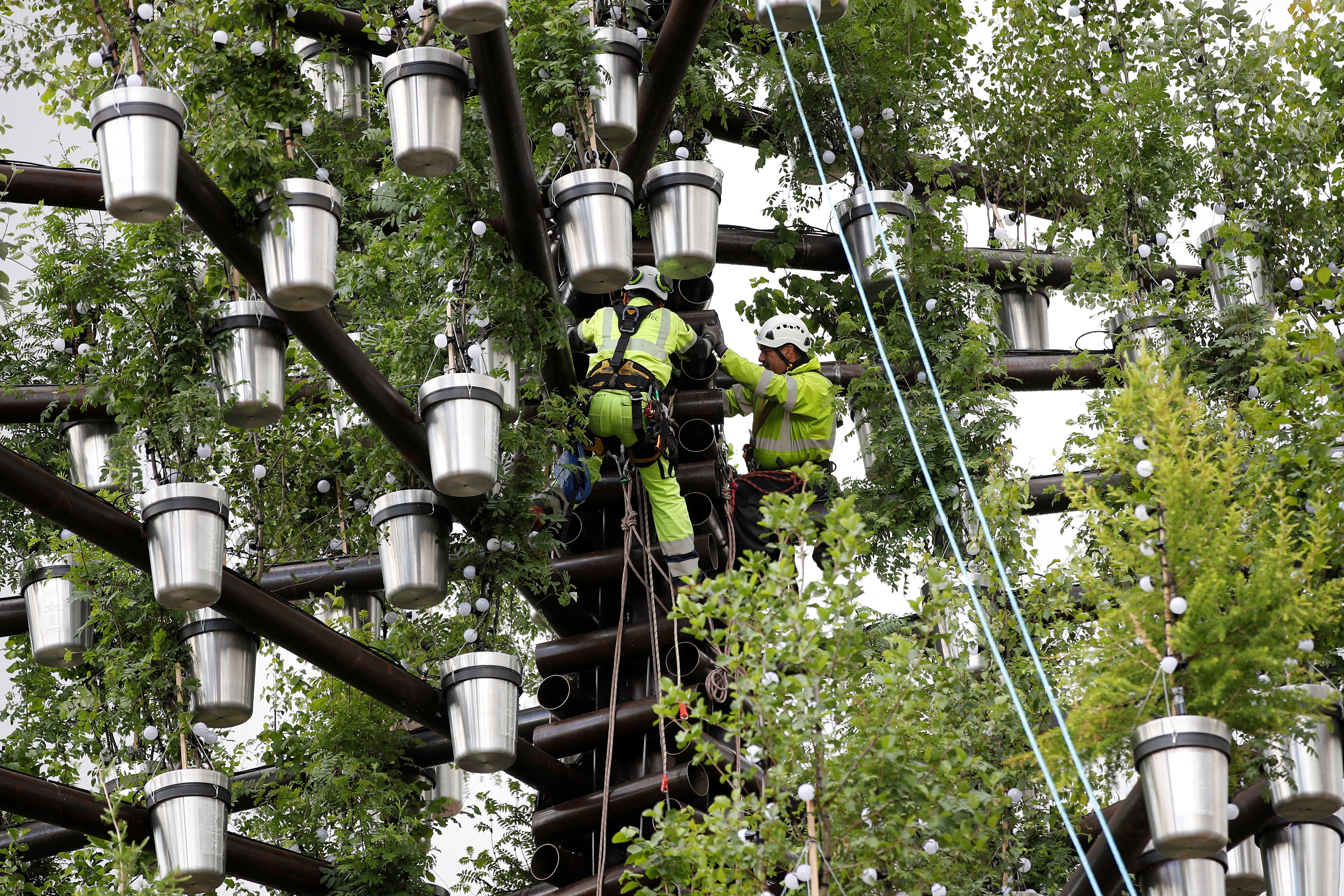 A team of workers add the final parts to the Queen's Green Canopy ahead of the Platinum Jubilee