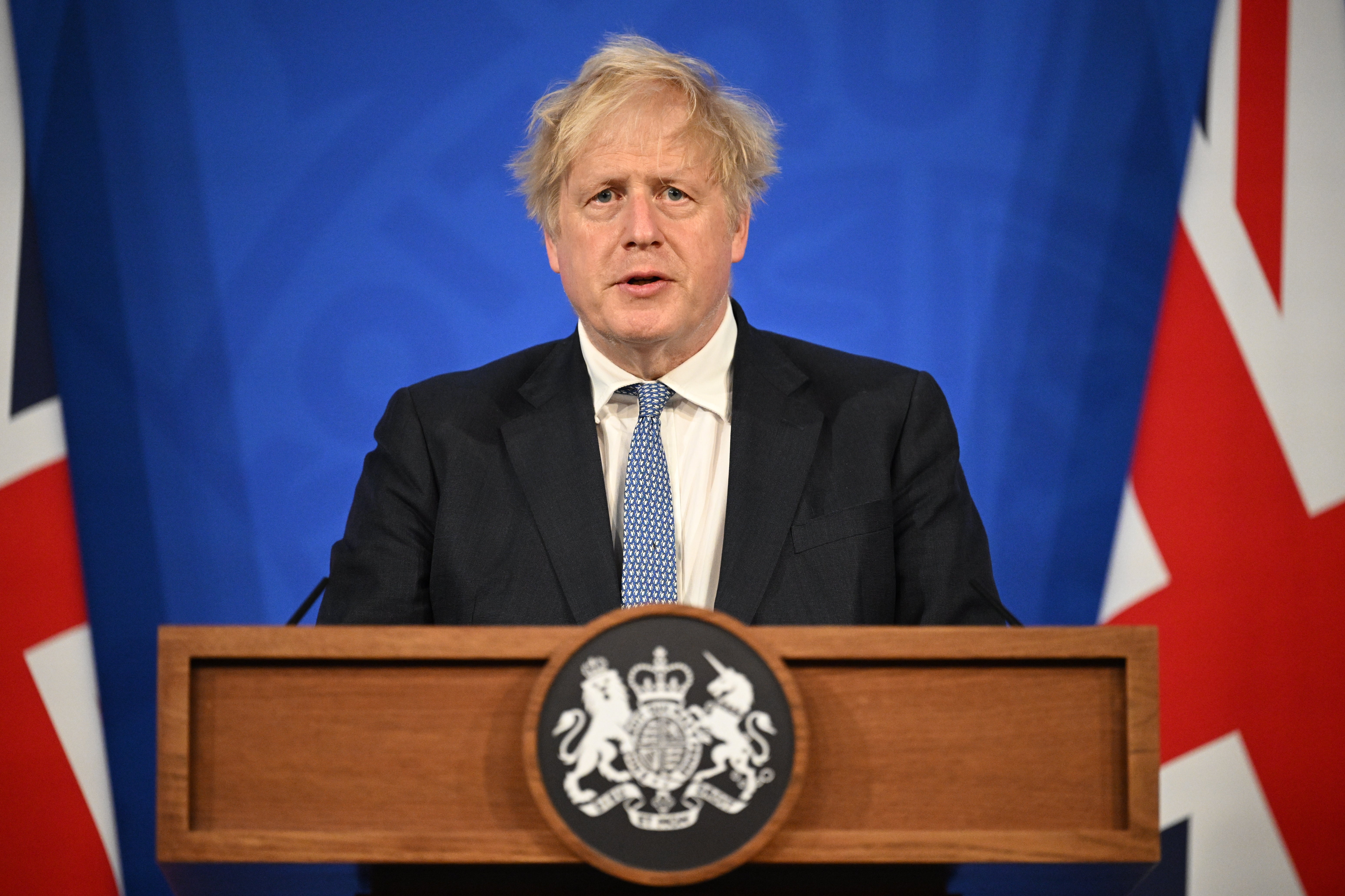 Boris Johnson speaks during a press conference in Downing Street on Wednesday