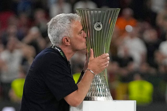 Jose Mourinho’s Roma won the inaugural Europa Conference League 1-0 against Feyenoord (Thanassis Stavrakis/AP)