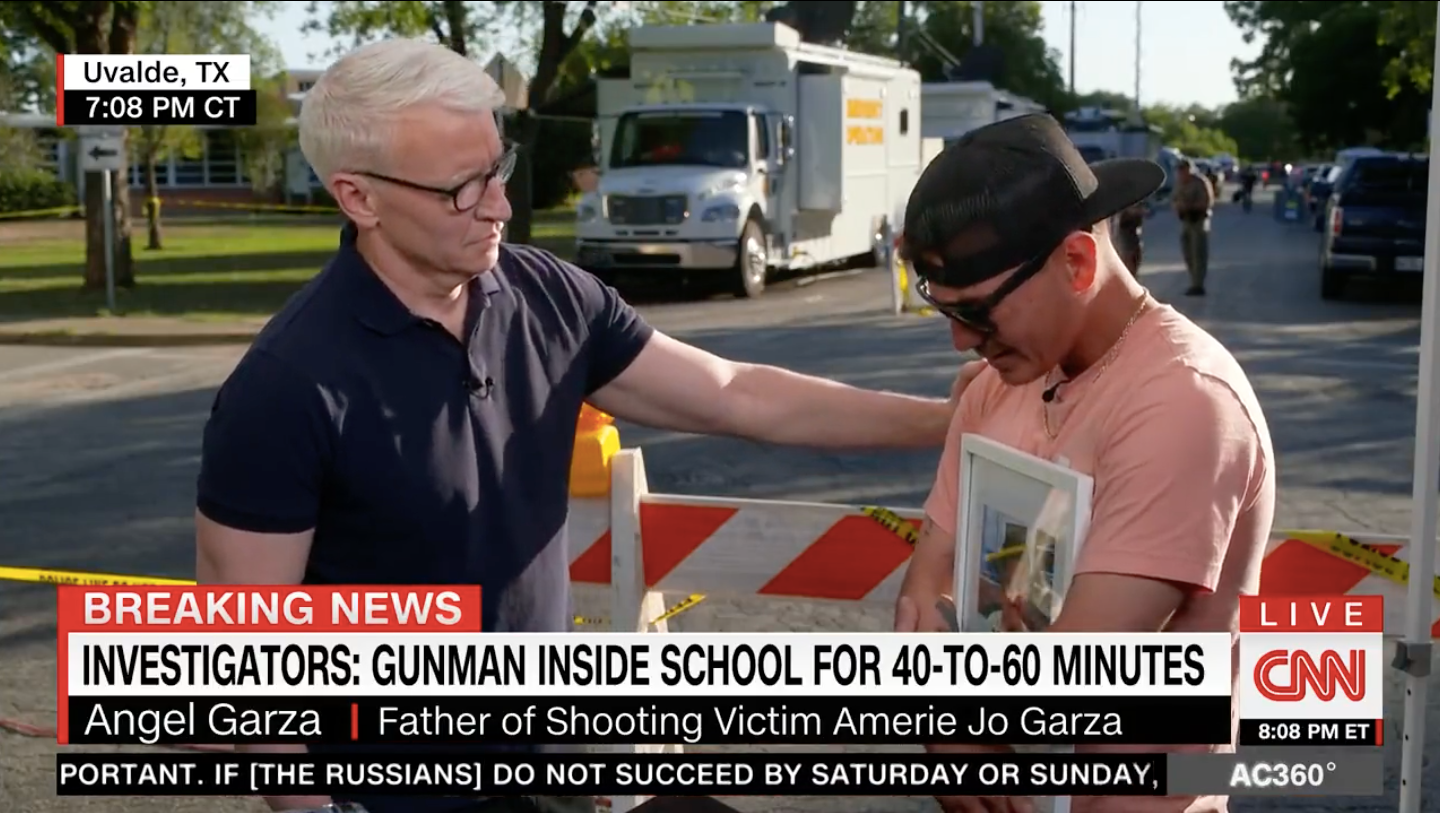 CNN anchor Anderson Cooper consoles Angel Garza on live television as he breaks down talking about his 10-year-old daughter, Amerie Jo, and her last moments alive inside Robb Elementary School in Uvalde, Texas.