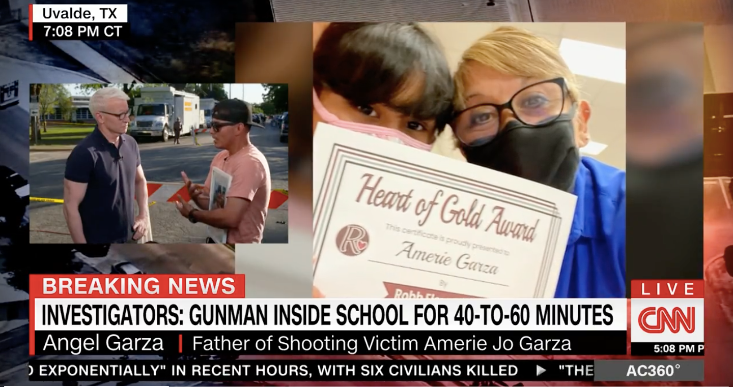 Anderson Cooper and Angel Garza talk about how Amerie, his 10-year-old daughter, had just recently made the honour roll at Robb Elementary School.