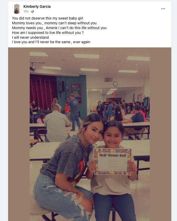 Kimberly Garcia, Amerie’s mother, shared a heartfelt Facebook post following the news that her 10-year-old daughter died during Tuesday’s school shooting in Uvalde, Texas.