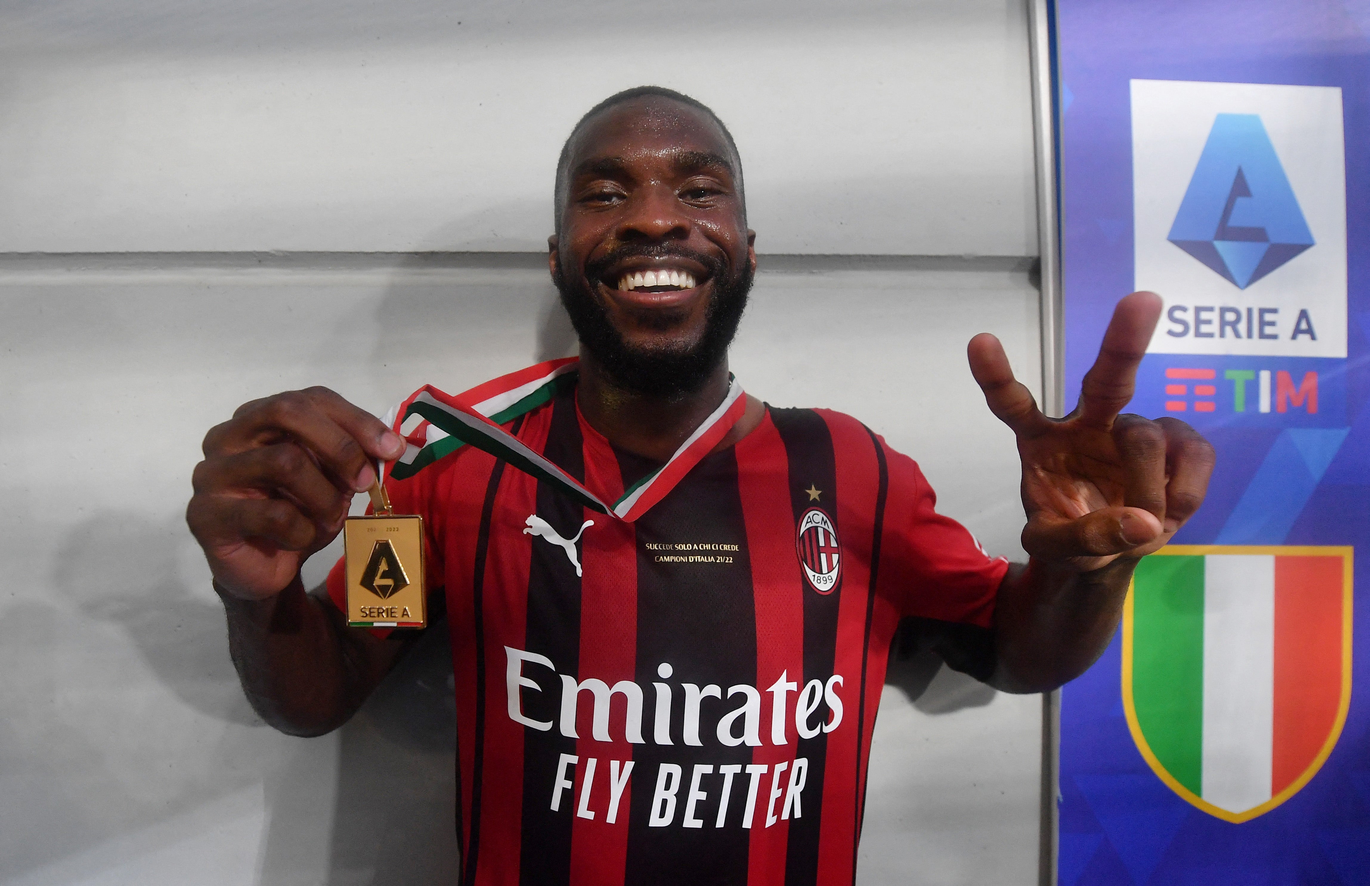 AC Milan’s Fikayo Tomori celebrates after winning Serie A