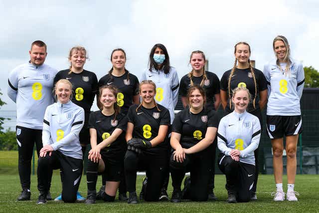 Natasha Mead (back row, third from left) with her fellow members of the new England women’s blind team at St George’s Park (FA Handout/PA)