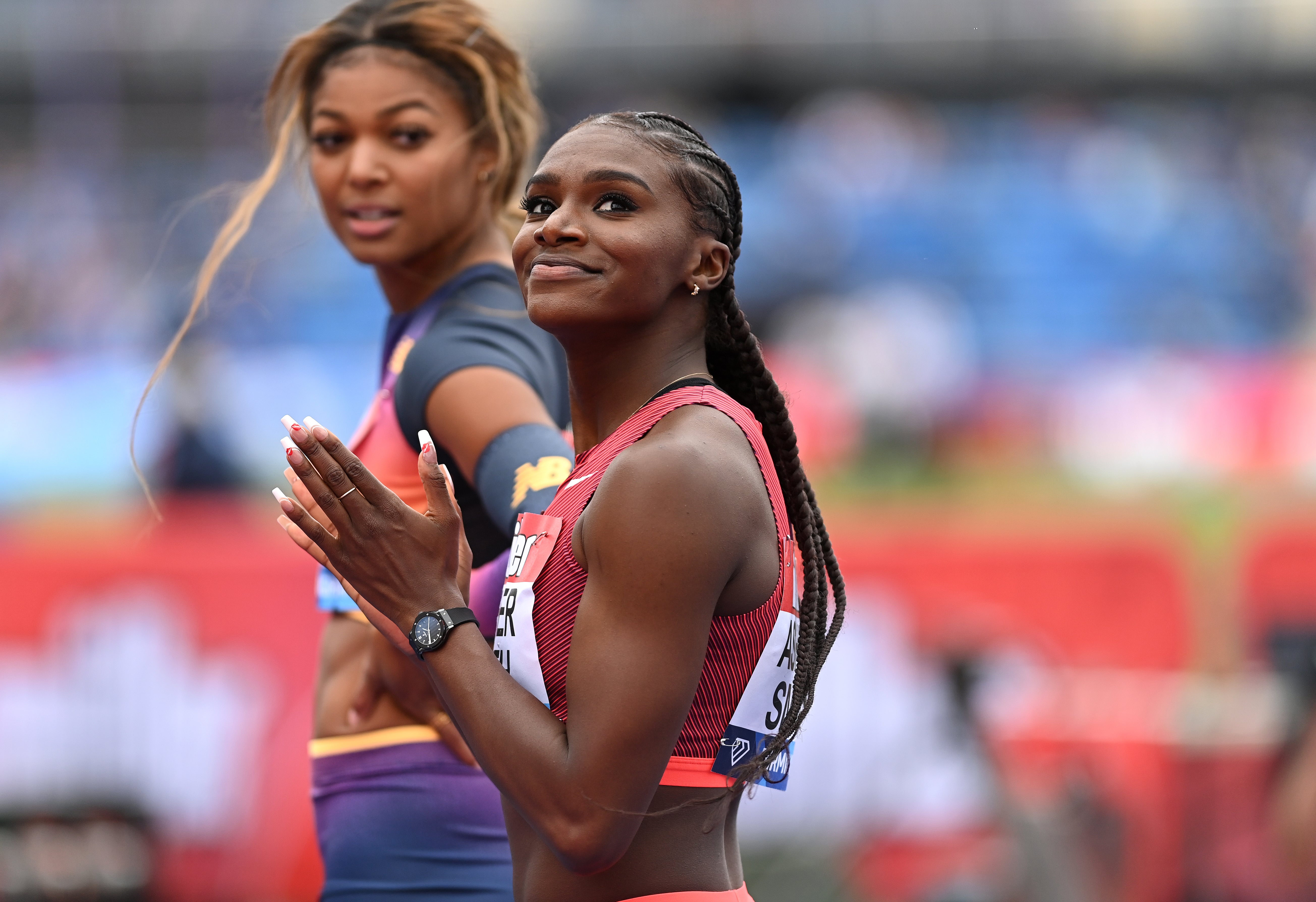 Dina Asher-Smith after winning the Women’s 100m during the Birmingham Diamond League