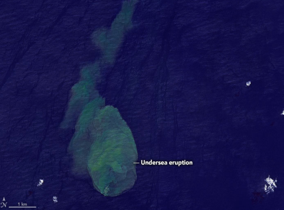 <p>The underwater eruption of a volcano dubbed ‘Shark-cano’ was captured by Nasa satellites in May 2022</p>