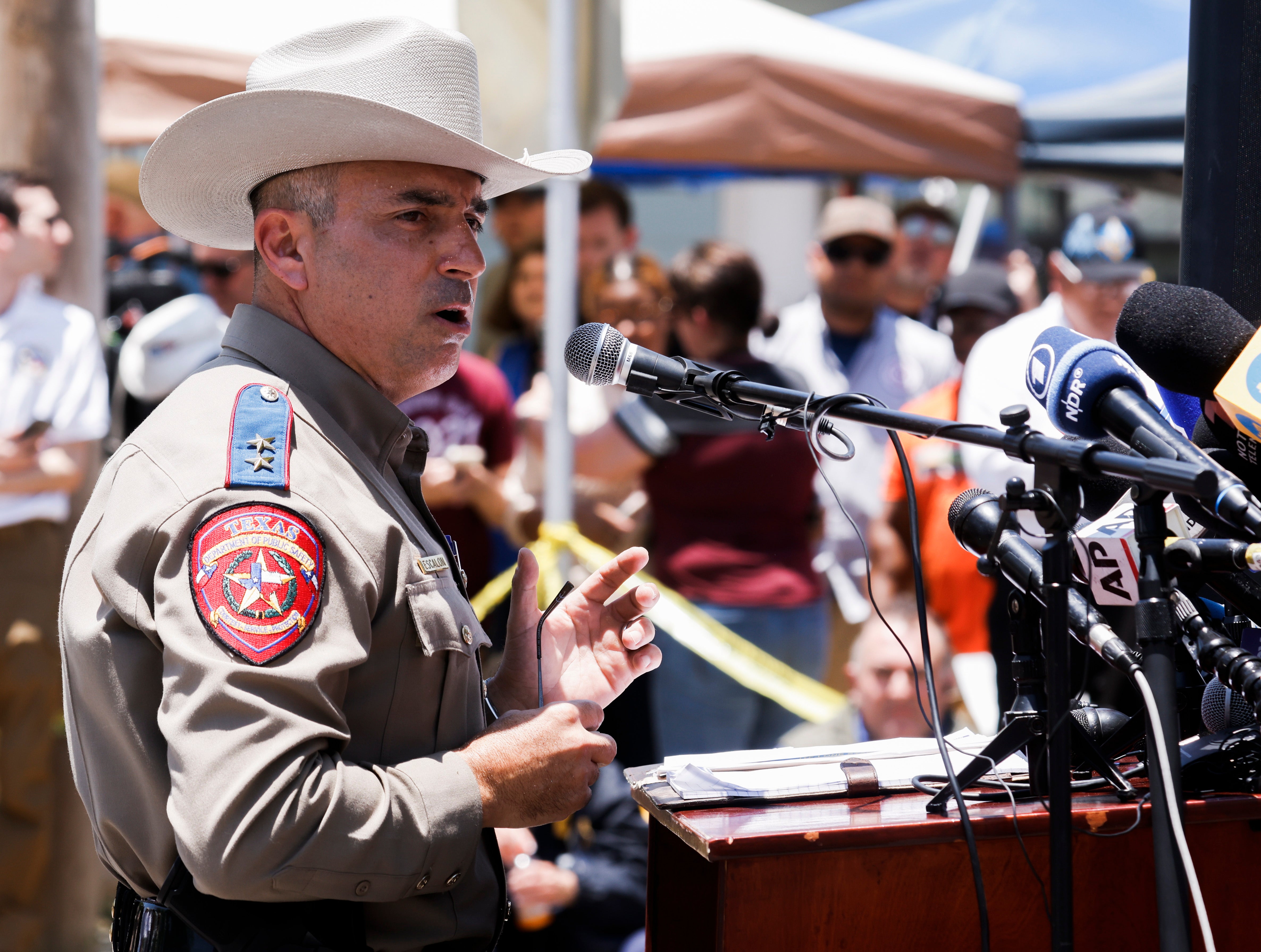 Texas Department of Public Safety South Regional Director Victor Escalon gives an update into the investigation following a mass shooting at the Robb Elementary School in Uvalde, Texas, USA, 26 May 2022. According to Texas officials, at least 19 children and two adults were killed in the shooting on 24 May. The eighteen-year-old gunman was killed by responding officers. EPA/TANNEN MAURY