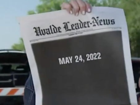 The front page of the Uvalde Leader-News, the local newspaper in Uvalde, Texas, the day after a mass shooter killed 19 fourth-graders and two faculty members at Robb Elementary School.
