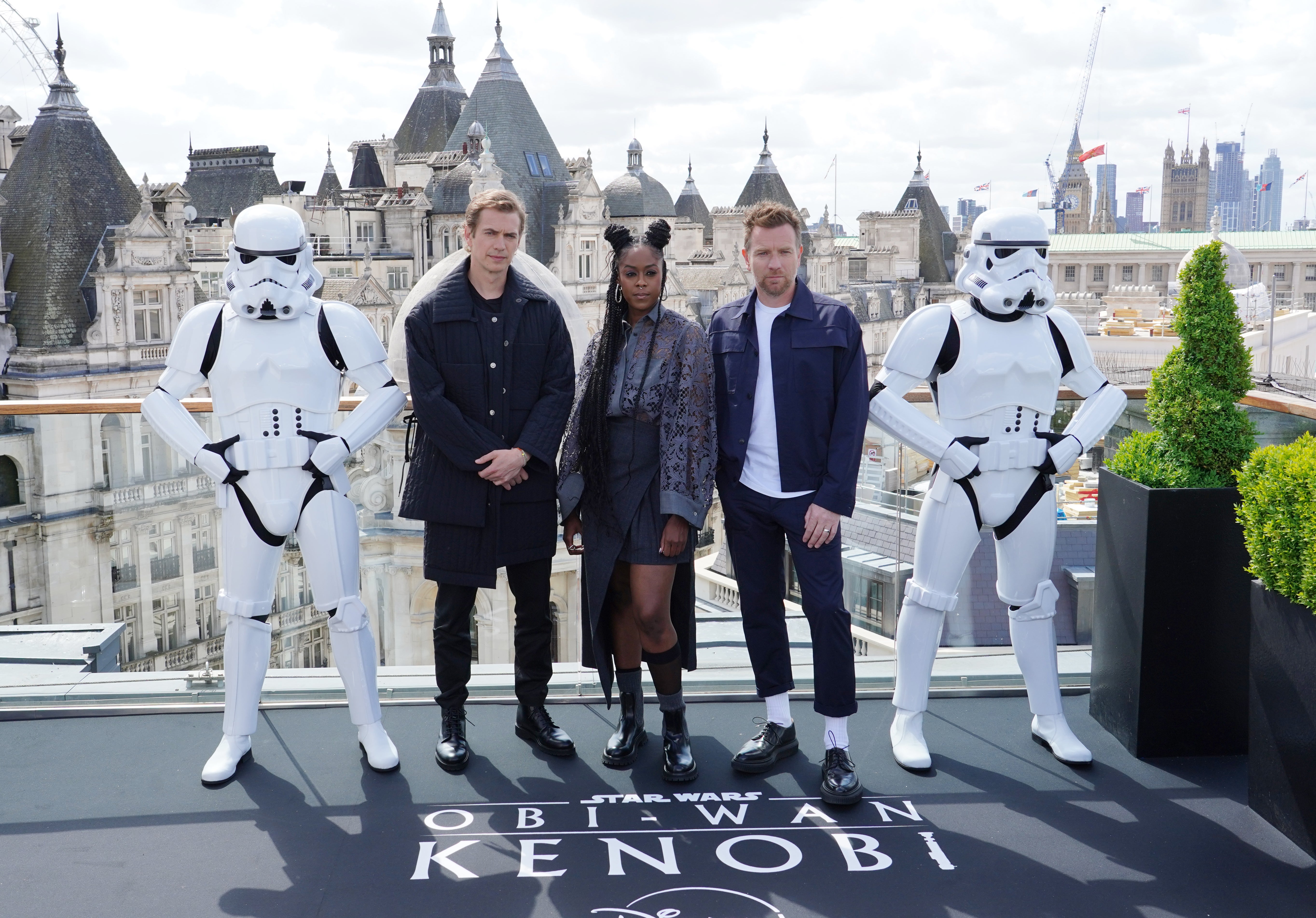Hayden Christensen, Moses Ingram and Ewan McGregor, at a photo call ahead of the release of Disney+ series Obi-Wan Kenobi (Ian West/PA)