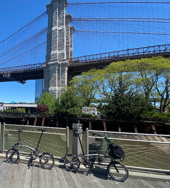 Brompton Bikes in the shadow of the Brooklyn Bridge, New York