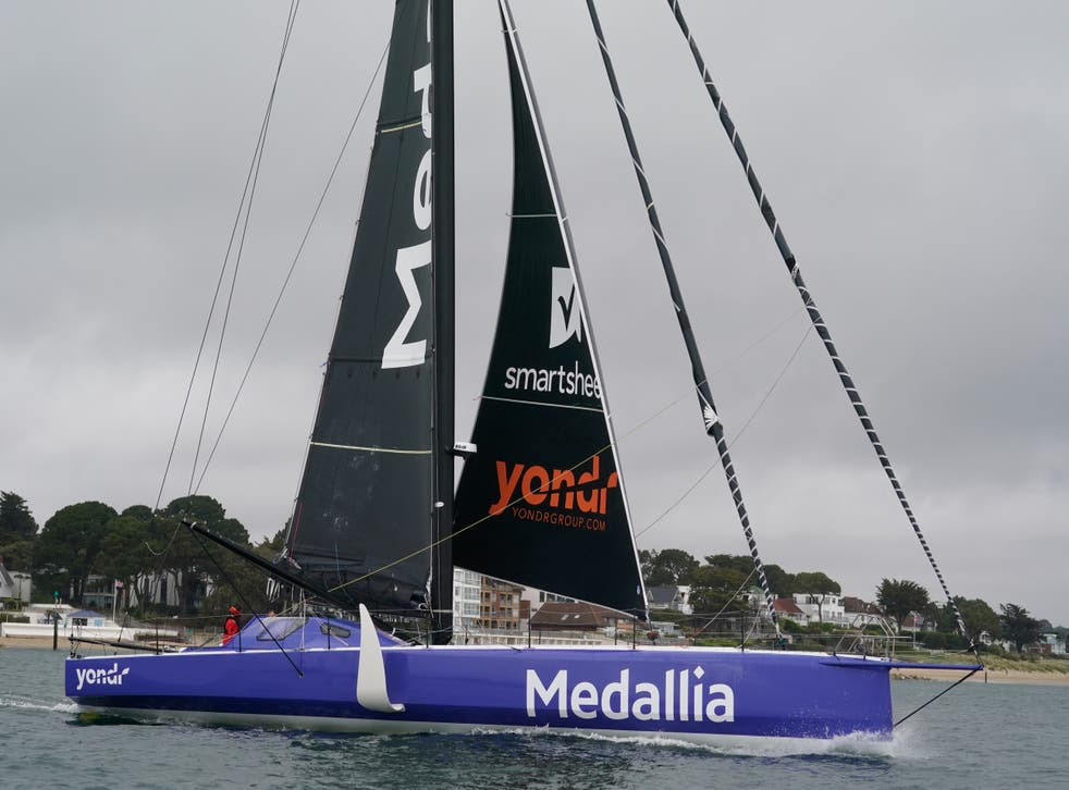 Pip Hare sails her boat, Medallia, towards Poole Bay in Dorset during a press preview ahead of the Vendee Arctic ocean race (Andrew Matthews/PA)
