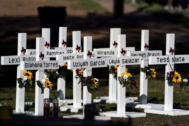 <p>Crosses with the names of Tuesday’s shooting victims are placed outside Robb Elementary School in Uvalde, Texas</p>