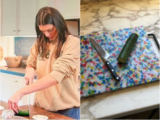 <p>Kendall Jenner is reattempting to cut cucumber</p>
