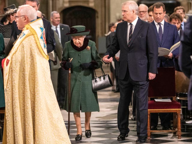 <p>Prince Andrew accompanies the Queen to her seat at the Service of Thanksgiving for the Duke of Edinburgh in March 2022</p>