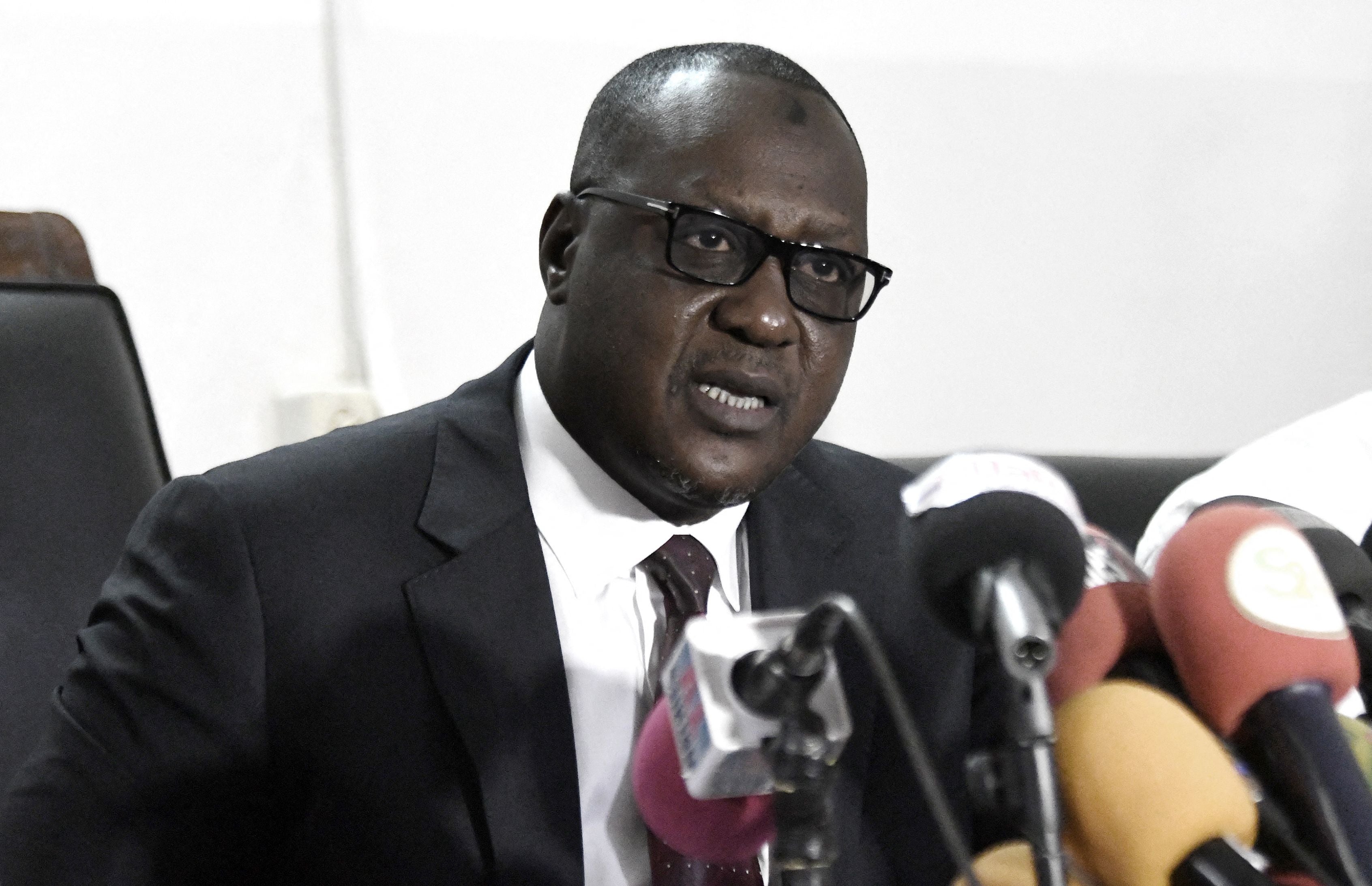 Public prosecutor Abdoulaye Ba delivers a press conference at the departmental court of Tivaouane