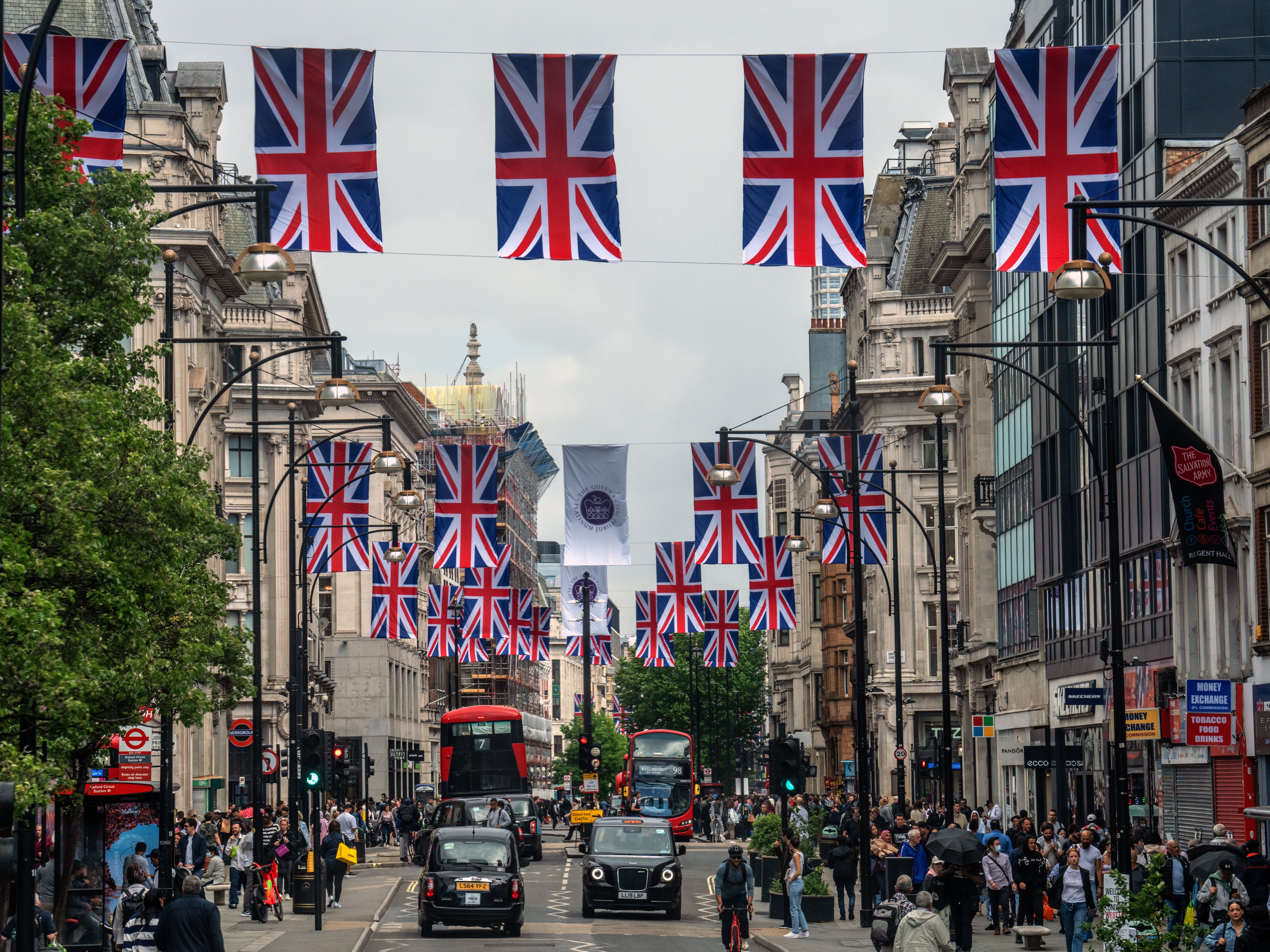 Union Jack flags displayed across London’s Oxford Street to mark the forthcoming Platinum Jubilee celebrations