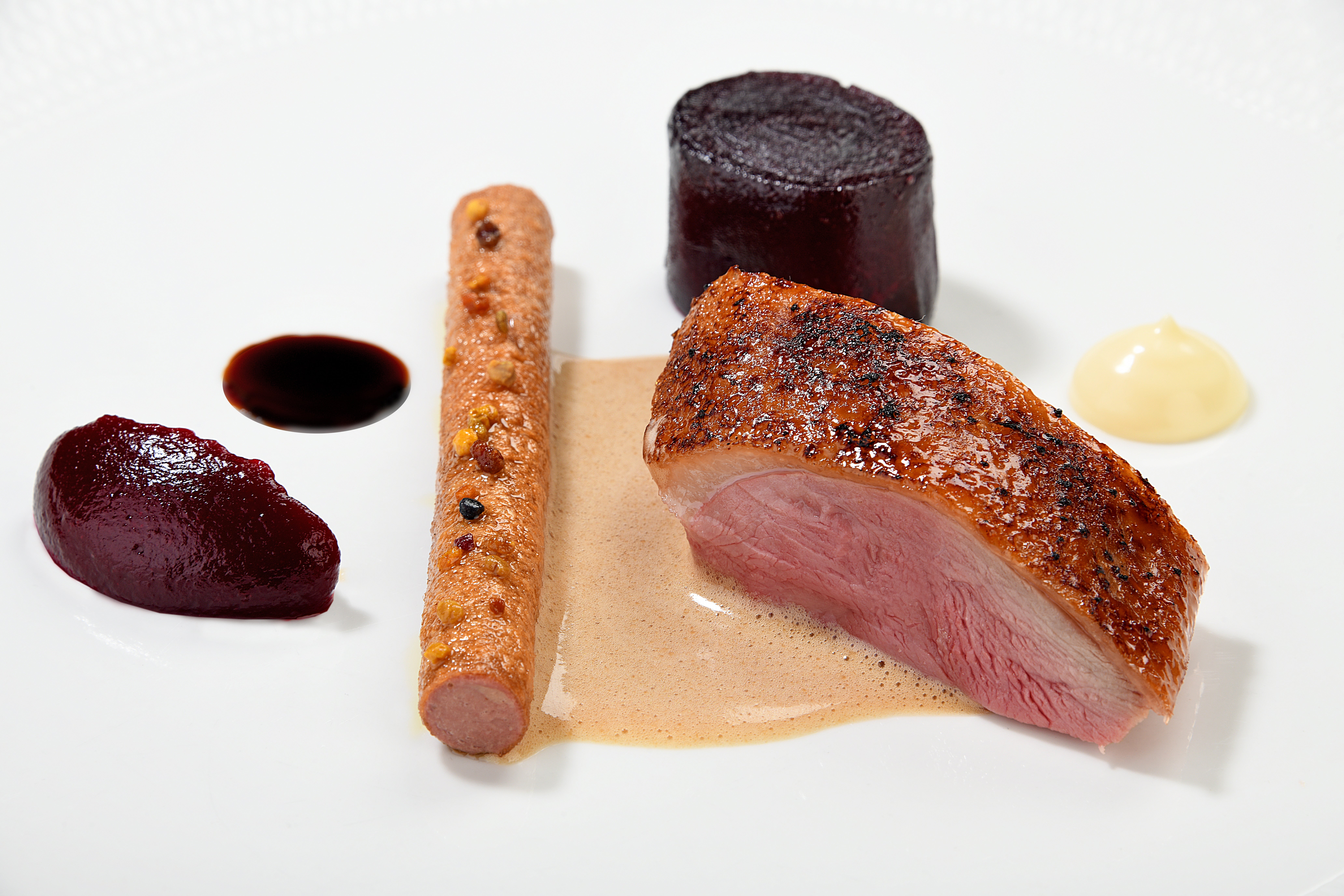 Goodwin-Allen's Yorkshire duck is served with heirloom beetroot, aged balsamic and bee pollen