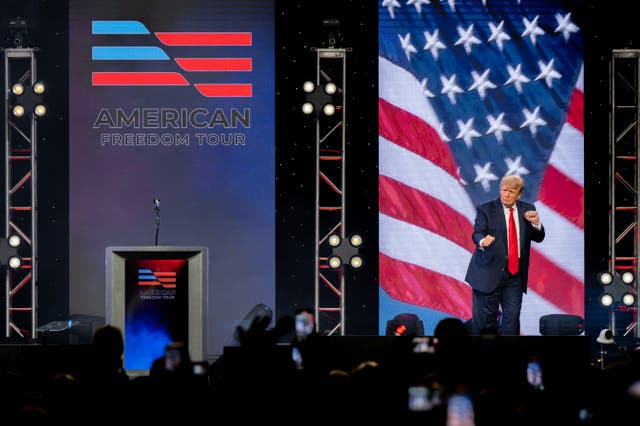 <p>Former U.S. President Donald Trump dances after speaking during the American Freedom Tour at the Austin Convention Center on May 14, 2022 in Austin, Texas.</p>