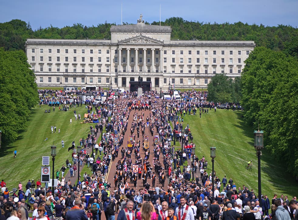 Marchers at Stormont before the start of the Northern Ireland centenary parade (Niall Carson/PA)