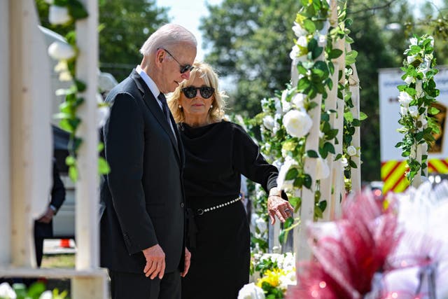 <p>Joe and Jill Biden at the memorial for victims of the Uvalde school shooting </p>