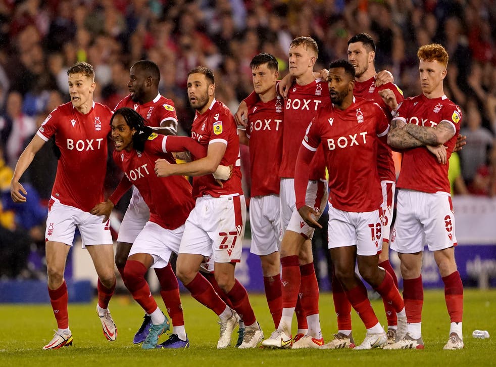Nottingham Forest’ players celebrate getting to the play-off final (Zac Goodwin/PA)